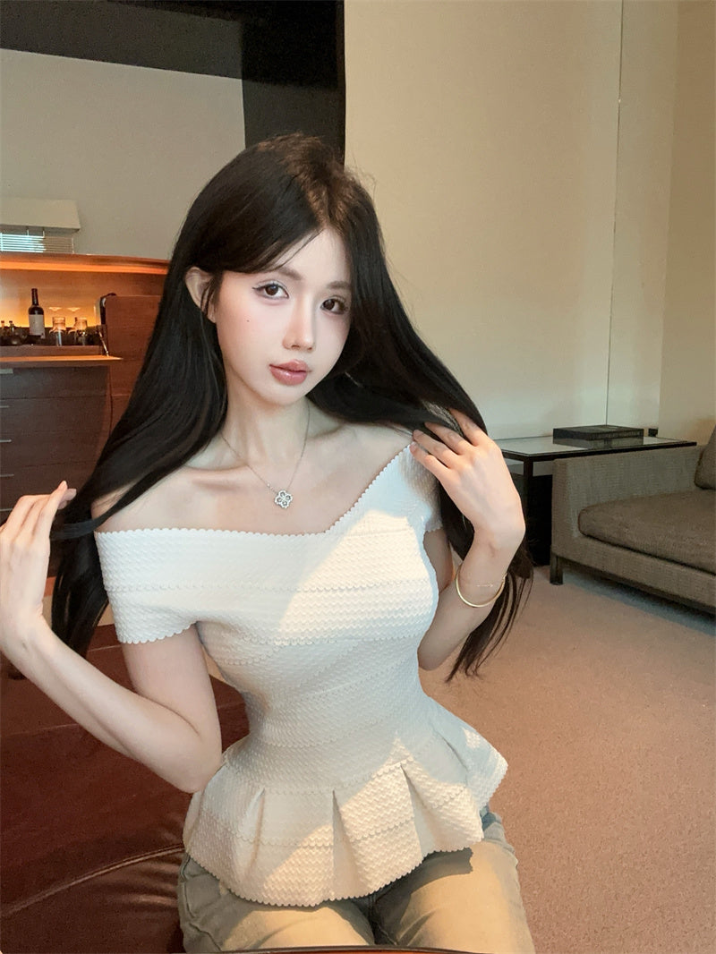 💕一字肩荷葉邊彈力繃帶修身單品上衣