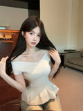 💕一字肩荷葉邊彈力繃帶修身單品上衣