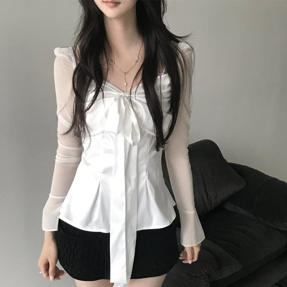 💕法式方領蝴蝶結飄帶氣質收腰顯瘦上衣