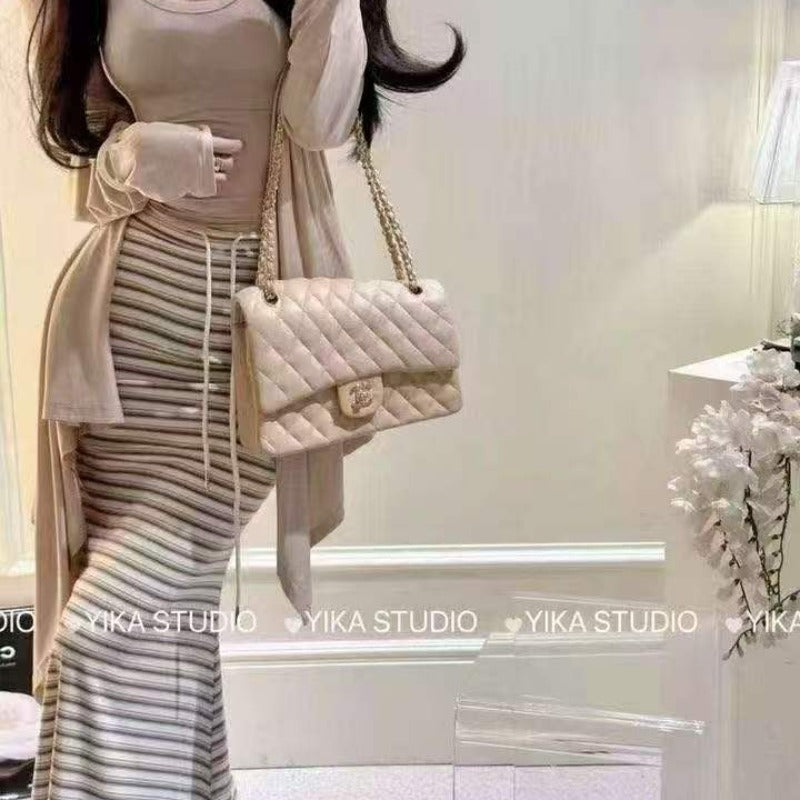 💕休閒溫柔純欲性感吊帶背心+高腰條紋長裙三件套