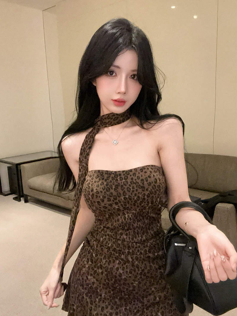 💕夏季性感豹紋抹胸不規則連身包臀短裙