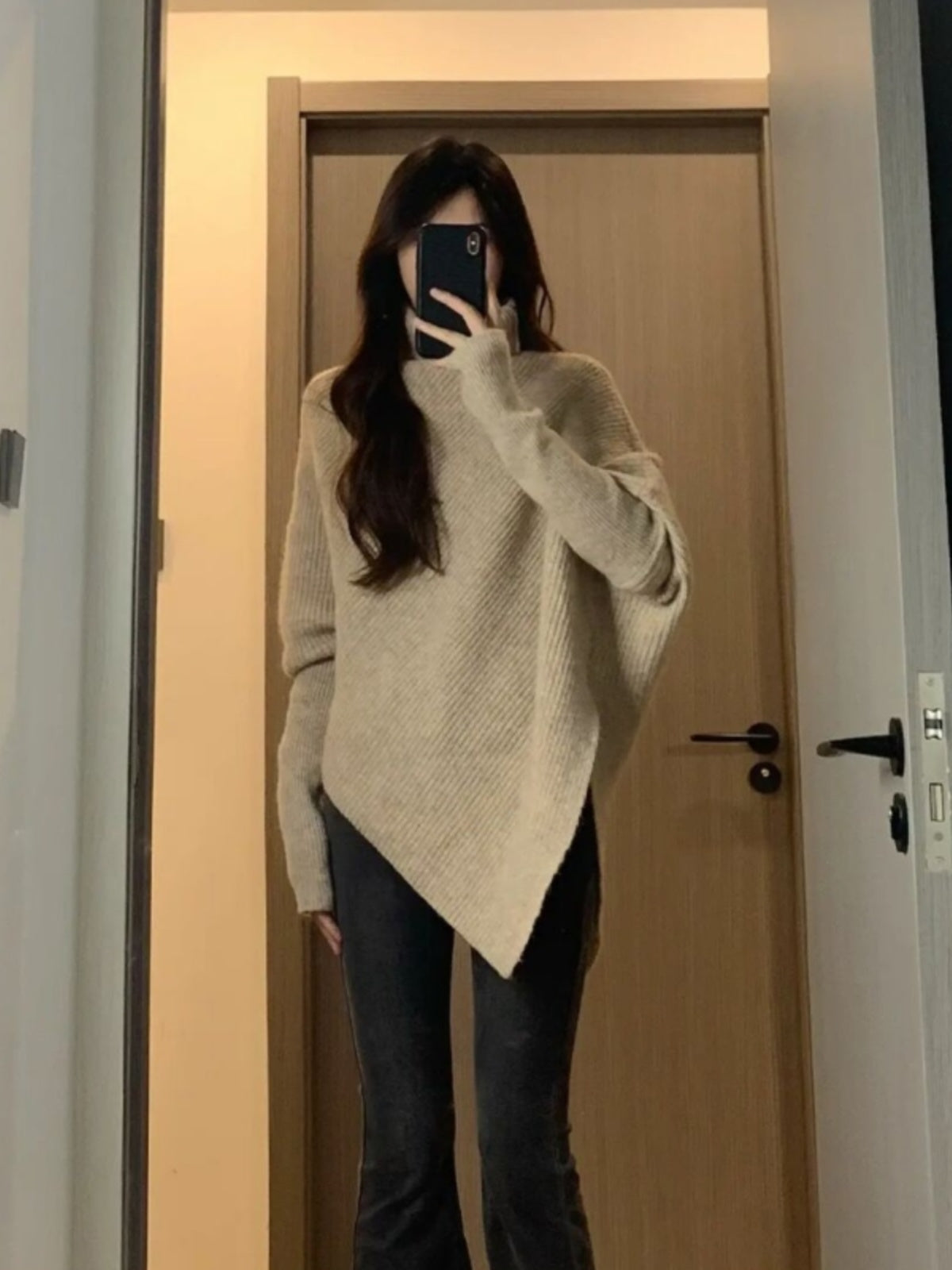 💕溫柔韓系慵懶不規則高領加厚針織毛衣