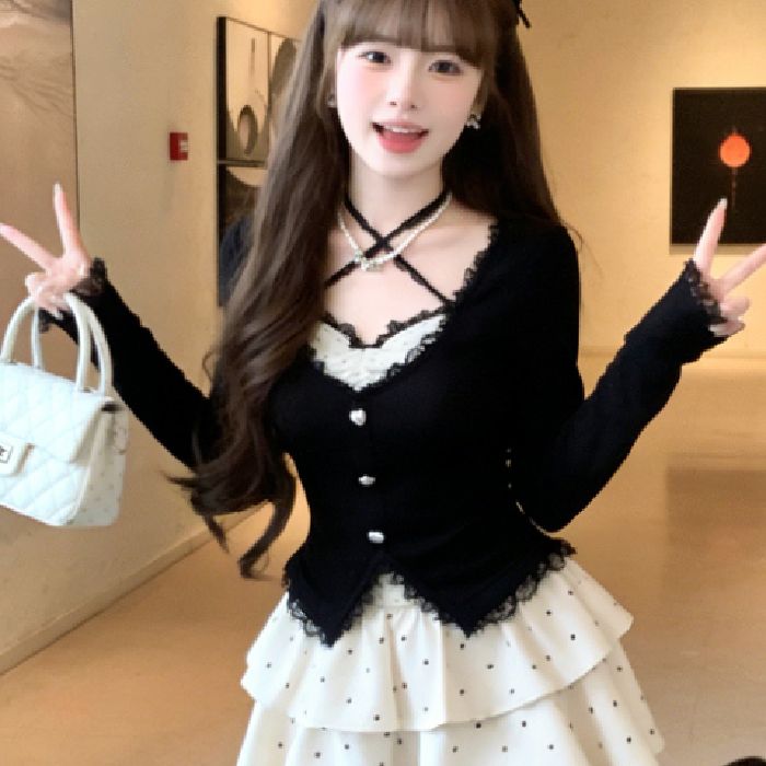 💕約會甜美黑色蕾絲針織上衣點點半身蛋糕裙套裝