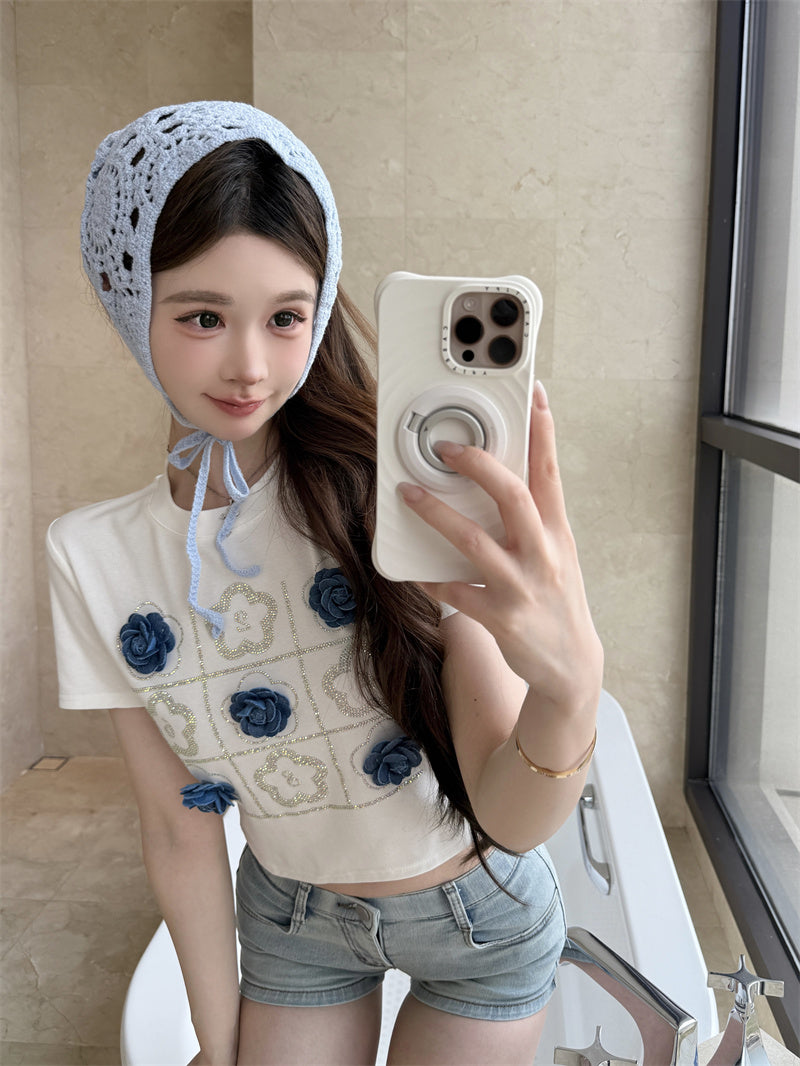 💕韓系立體花朵裝飾燙鑽短袖上衣