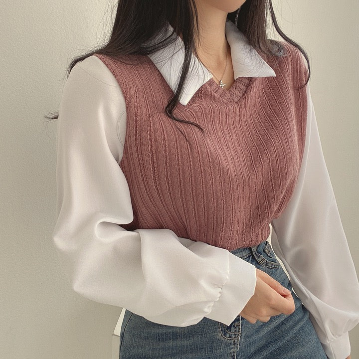 💕chic韓系假兩件拼接襯衫上衣