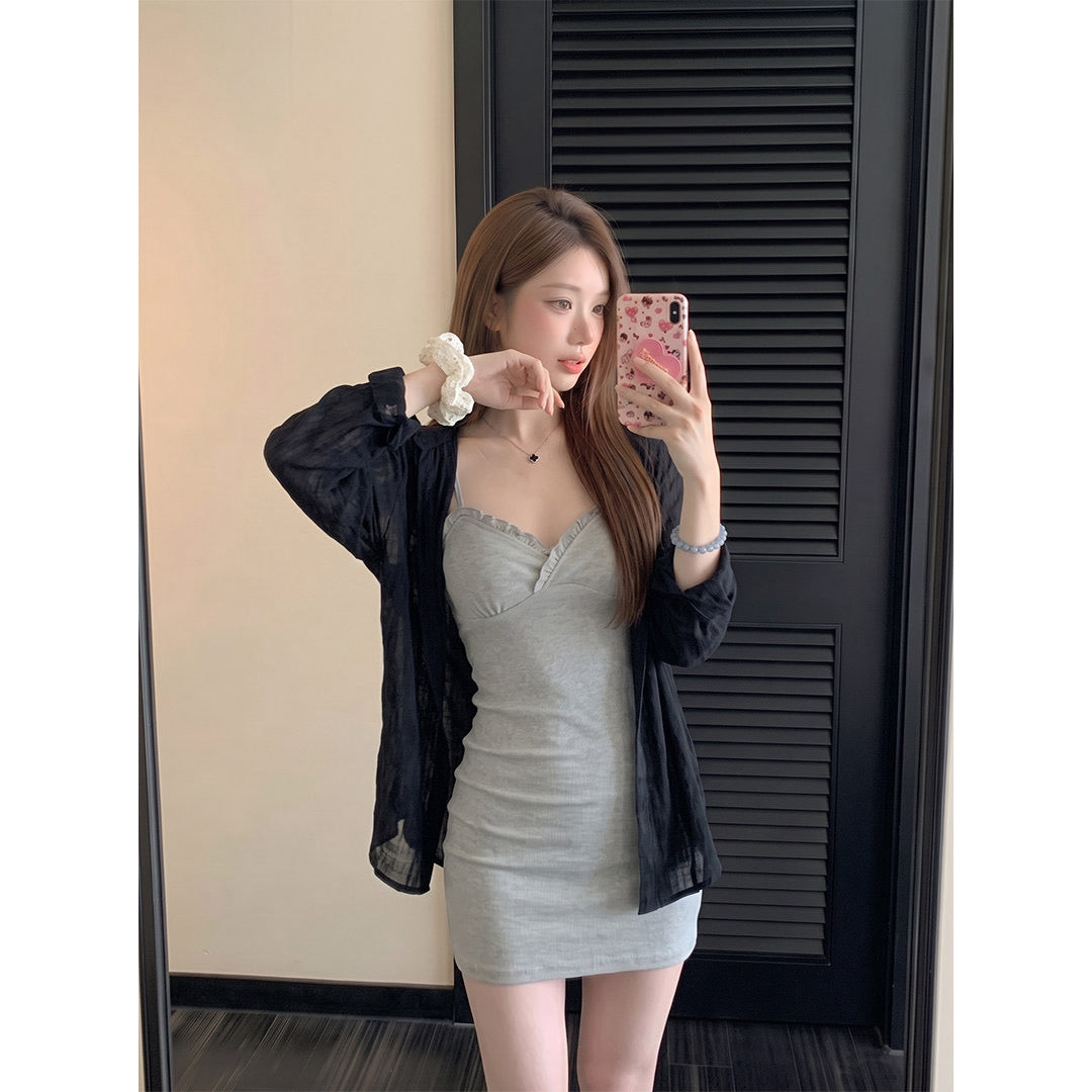 💕純御風灰色木耳邊吊帶連衣短裙
