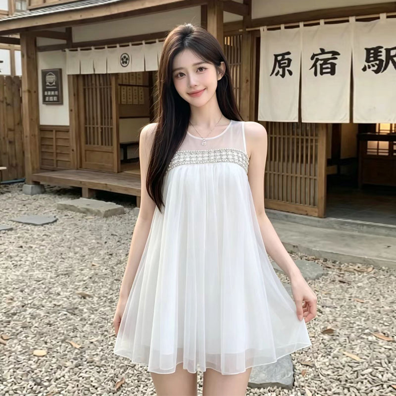 💕法式溫柔網紗無袖澎澎連衣裙