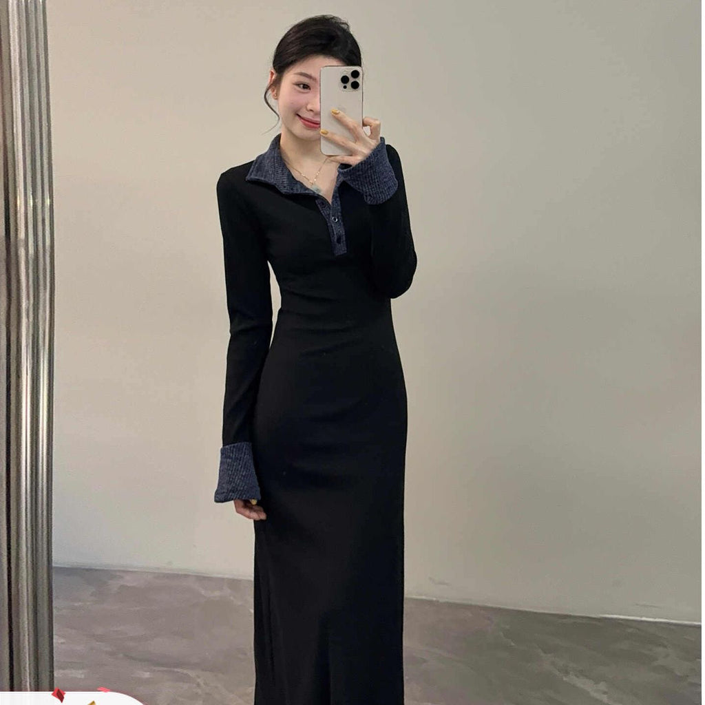 💕復古溫柔polo領黑色拼接針織連衣裙