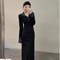 💕復古溫柔polo領黑色拼接針織連衣裙