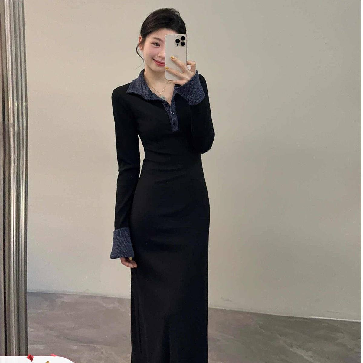 💕復古溫柔polo領黑色拼接針織連衣裙