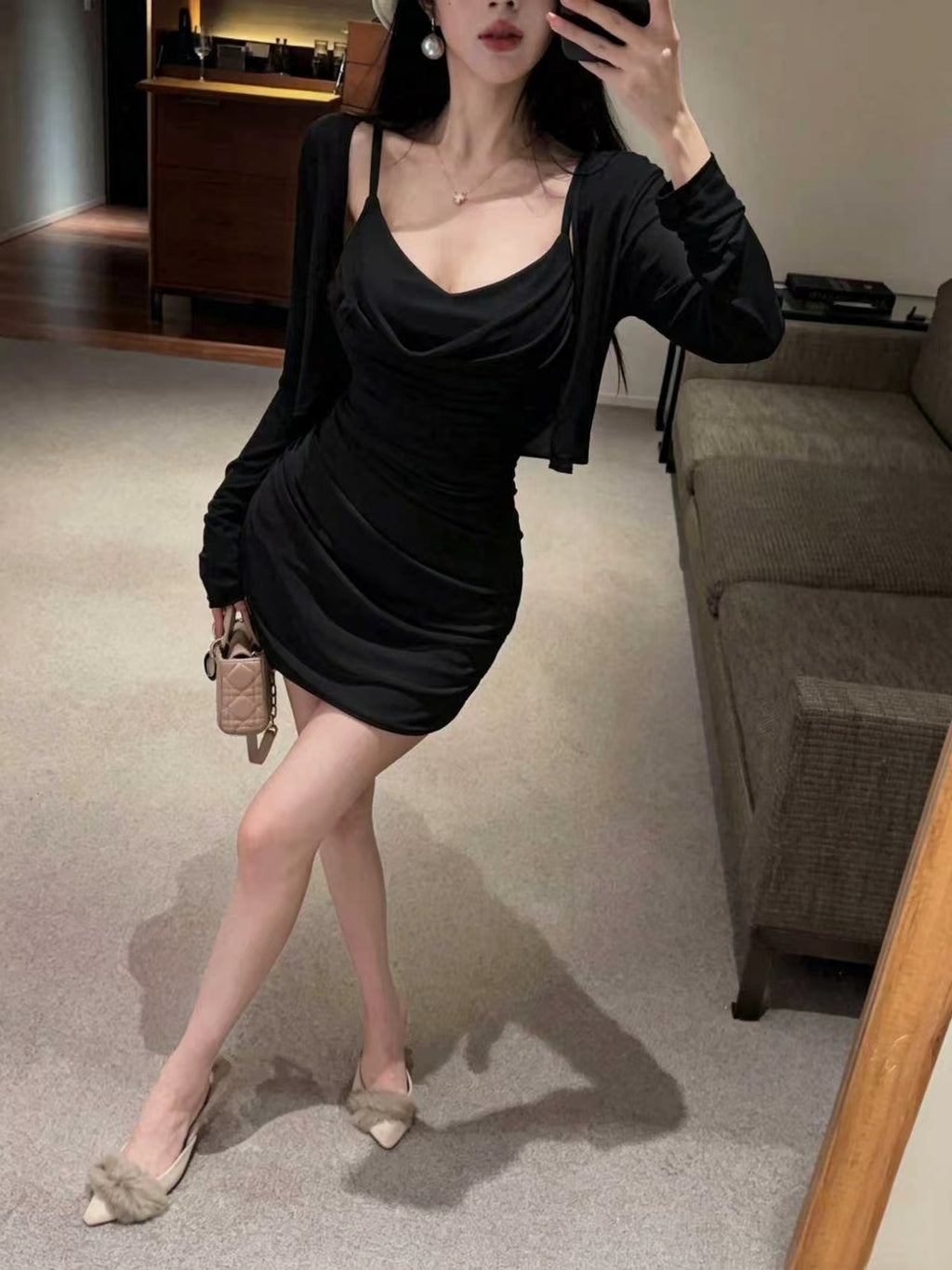 💕甜美性感褶皺修身吊帶連衣裙+開衫