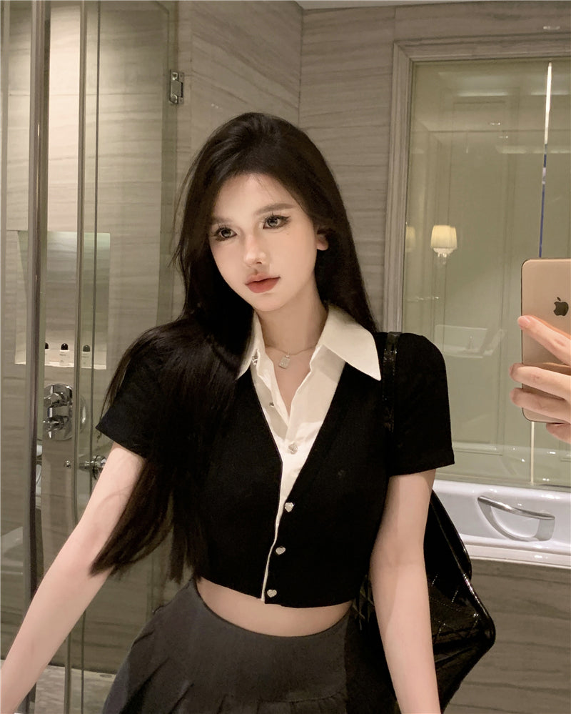 💕韓系氣質假兩件翻領修身短款針織衫