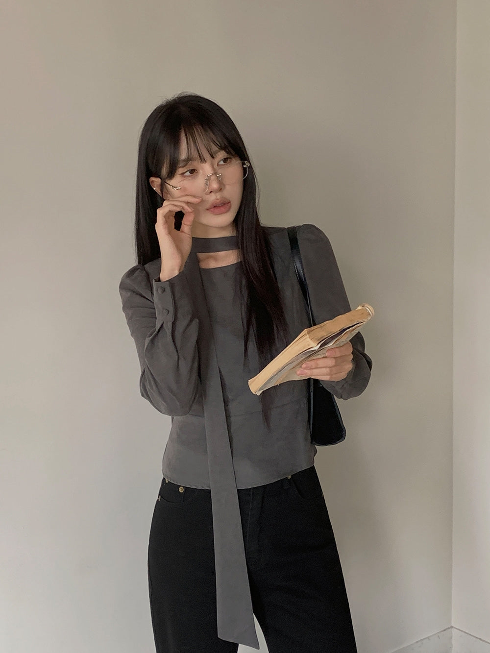 💕ins溫柔飄帶蝴蝶結泡泡袖修身顯瘦上衣