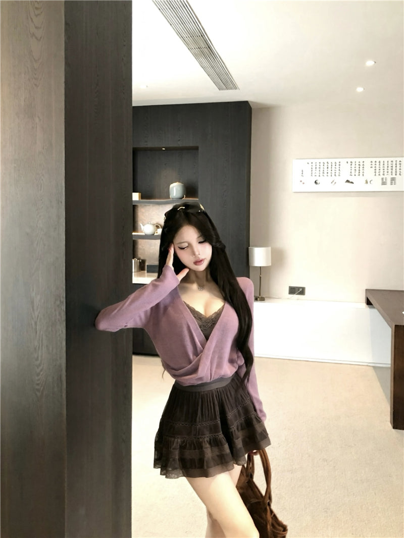 💕甜美純欲交叉設計感開衫內搭吊帶三件套