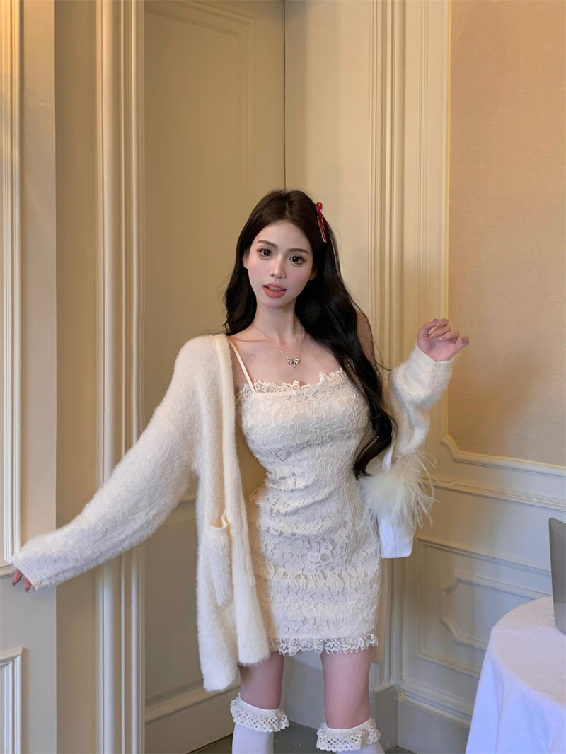 💕溫柔秋冬慵懶風修身蕾絲吊帶裙開衫兩件套