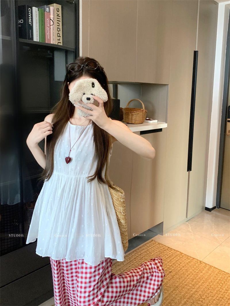 💕溫柔無袖印花蓬蓬背心襯衫
