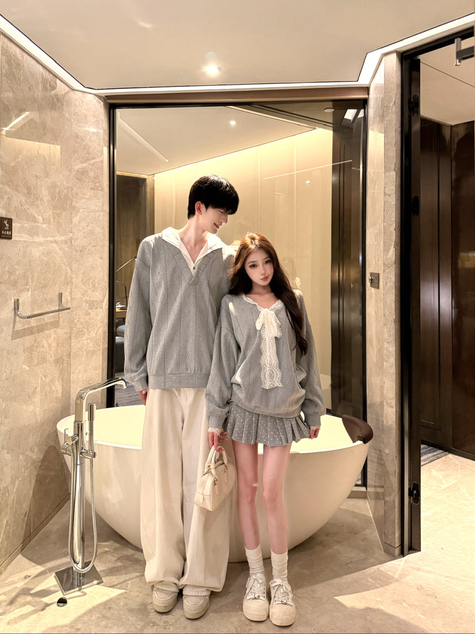 💕溫柔甜美蕾絲拼接慵懶休閒情侶套裝