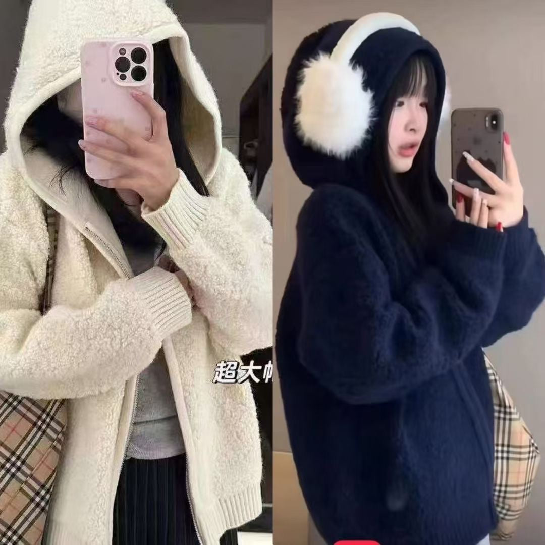 💕韓系慵懶高級連帽拉鍊毛衣外套