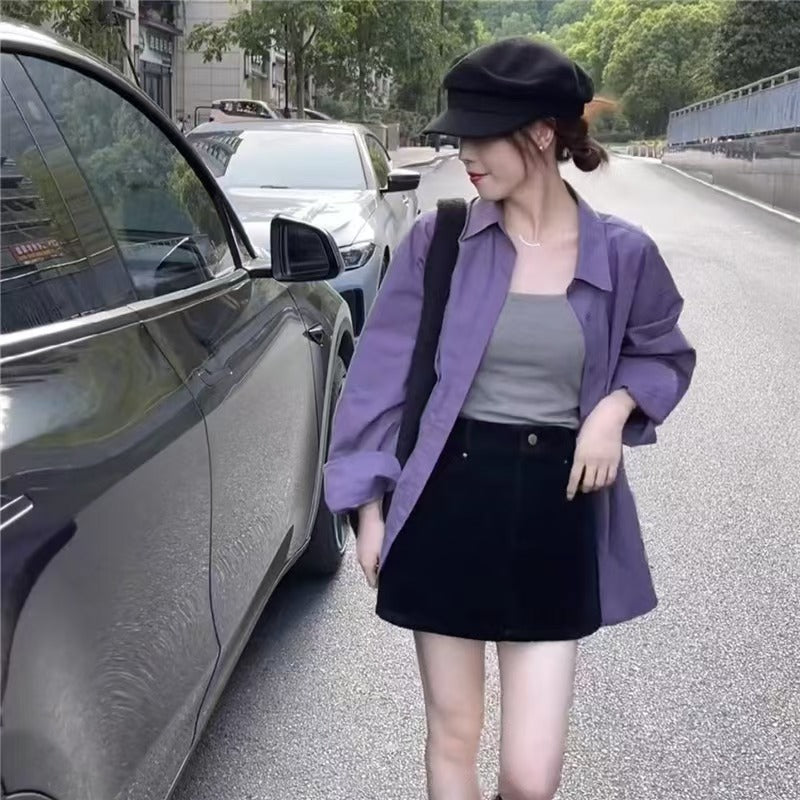 💕高級感溫柔韓系chic紫色襯衫外搭上衣