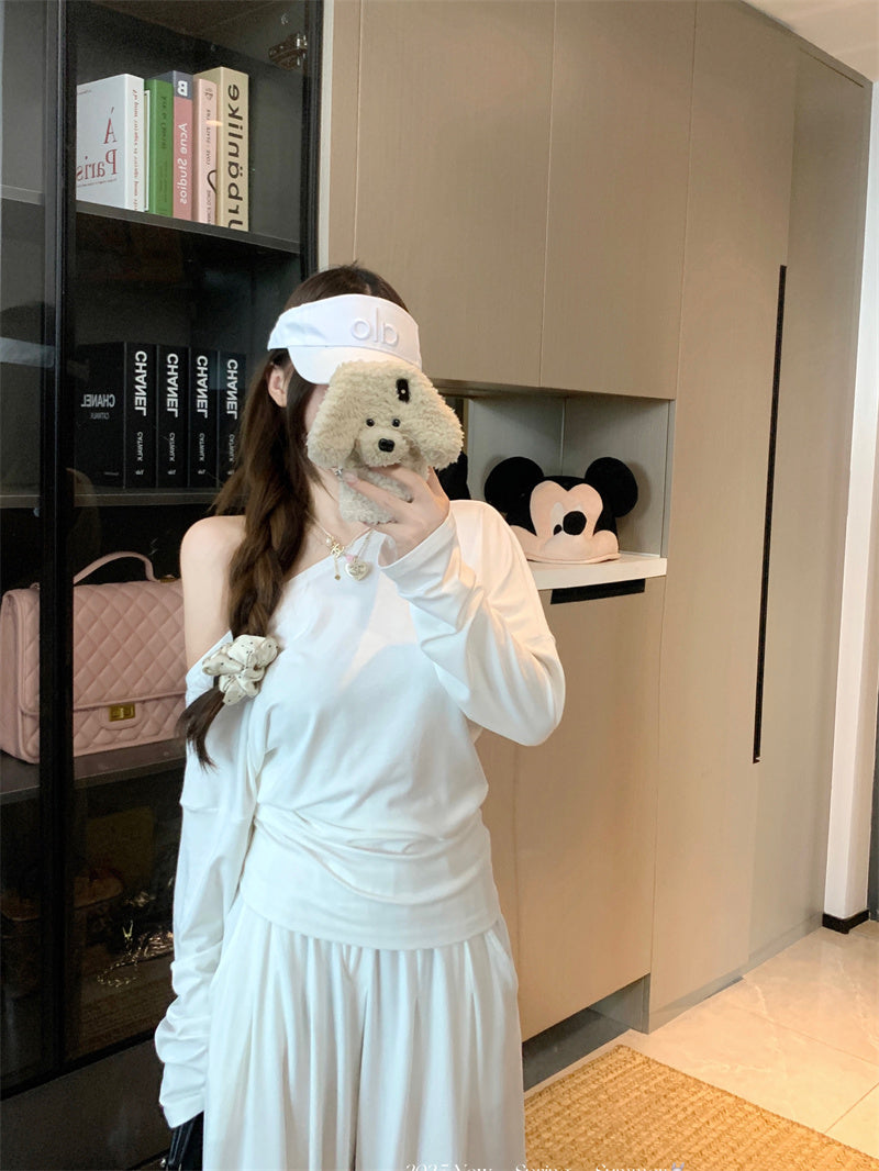 💕純御高彈斜肩長袖闊腿休閒褲套裝