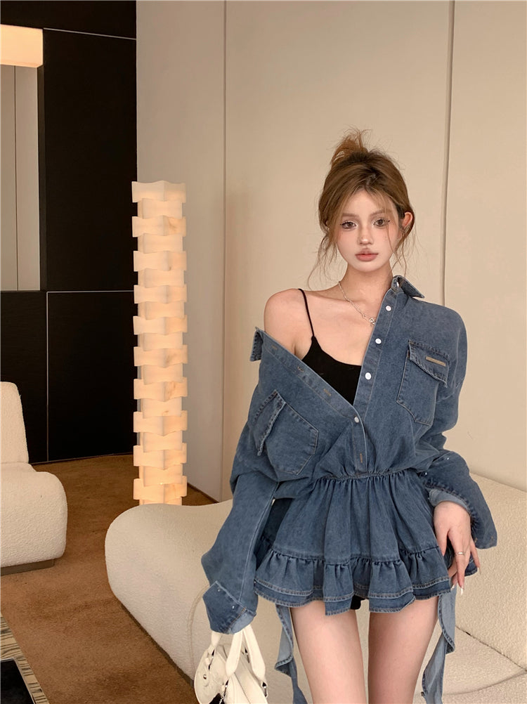 💕辣妹不規則飄帶牛仔長袖蛋糕短裙