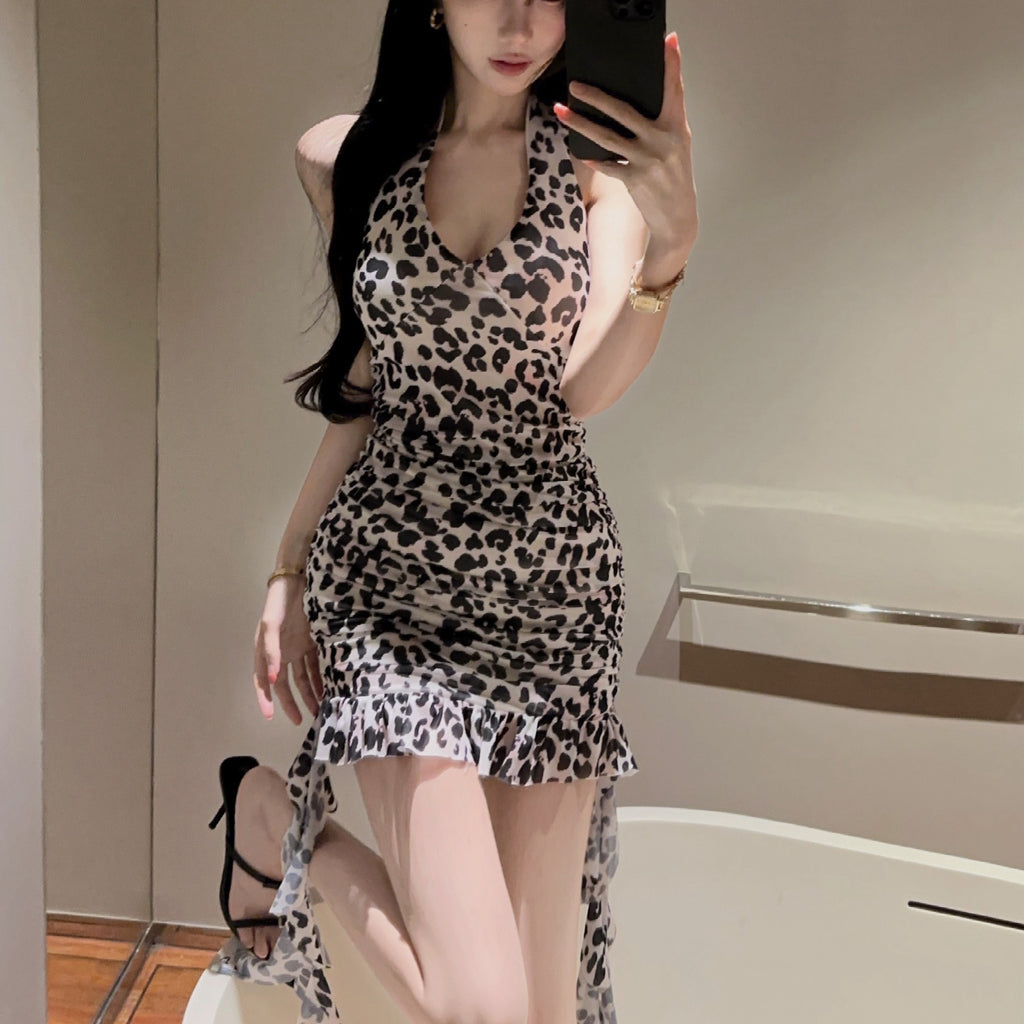 💕豹紋露背網紗流蘇包臀短裙