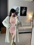 💕毛絨絨針織開衫純欲粉色吊帶裙兩件套