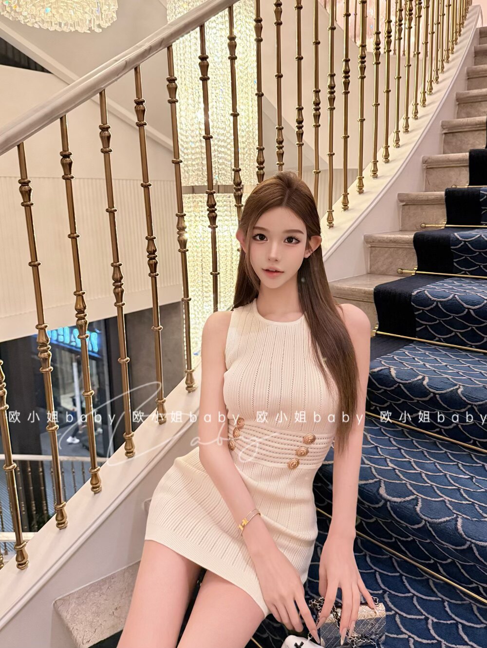 💕氣質純欲性感甜辣小香風金扣針織連衣裙
