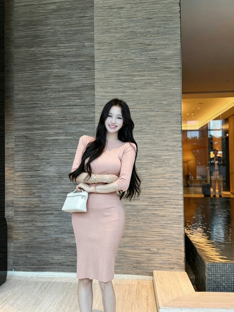💕溫柔優雅氣質中袖修身包臀中長針織裙