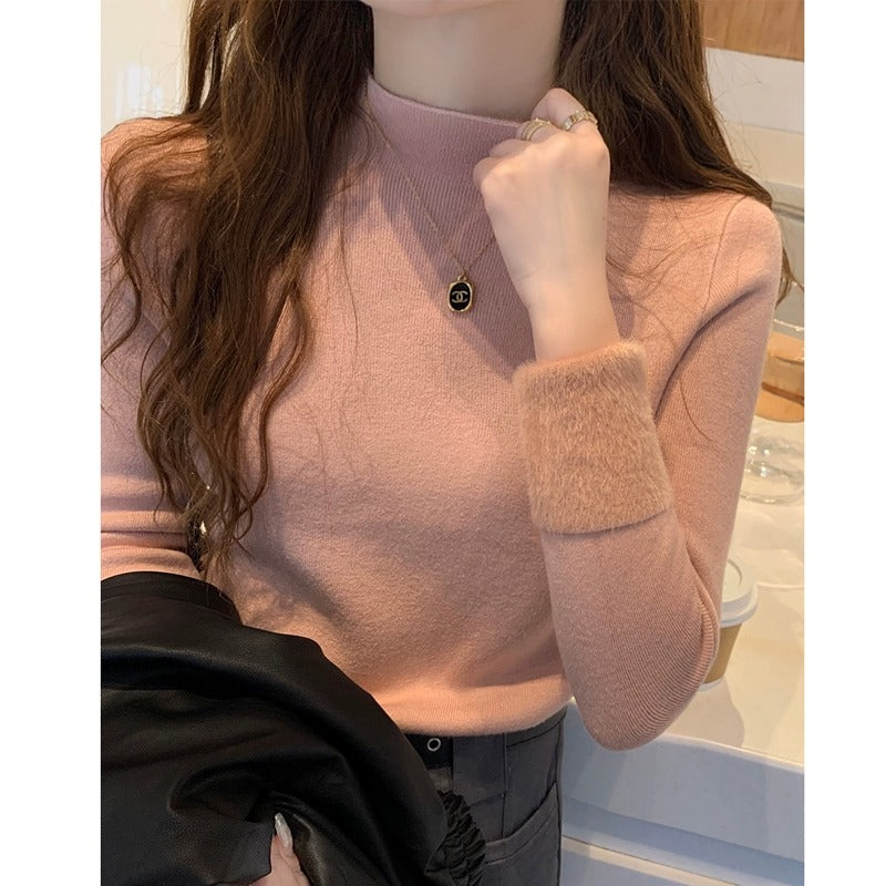💕秋冬簡約內刷毛半高領別緻保暖上衣