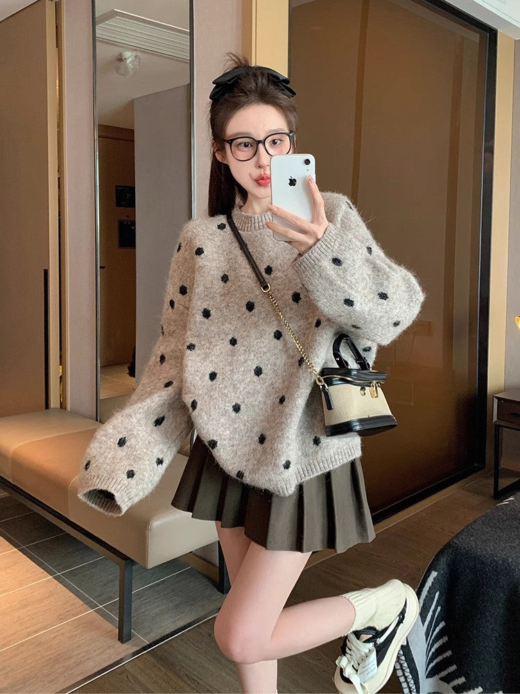 💕chic韓系點點秋冬加厚寬鬆休閒圓領上衣