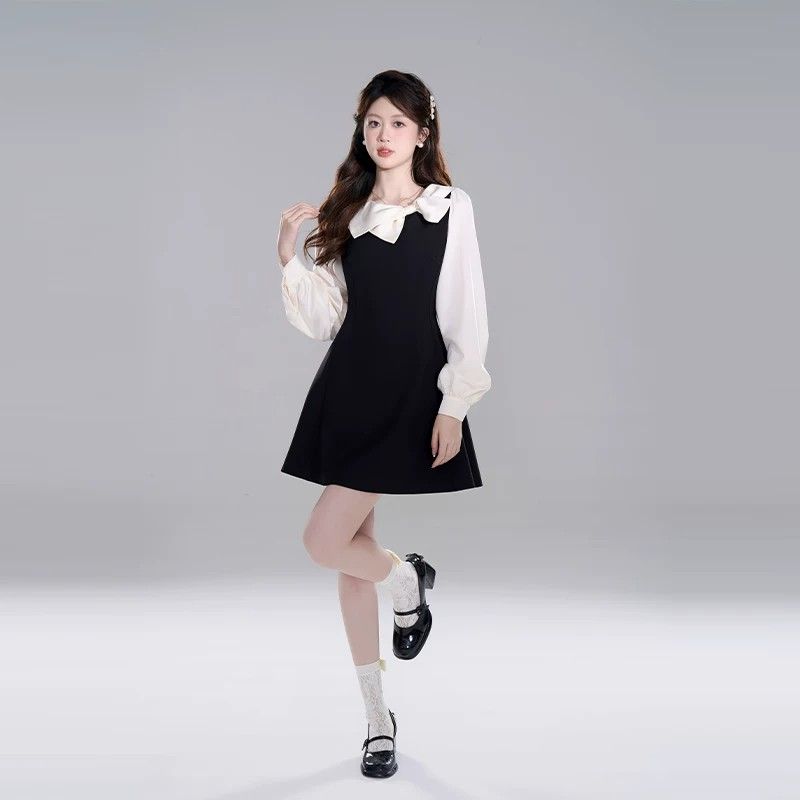 💕韓系富家千金赫本風假兩件黑色連衣裙
