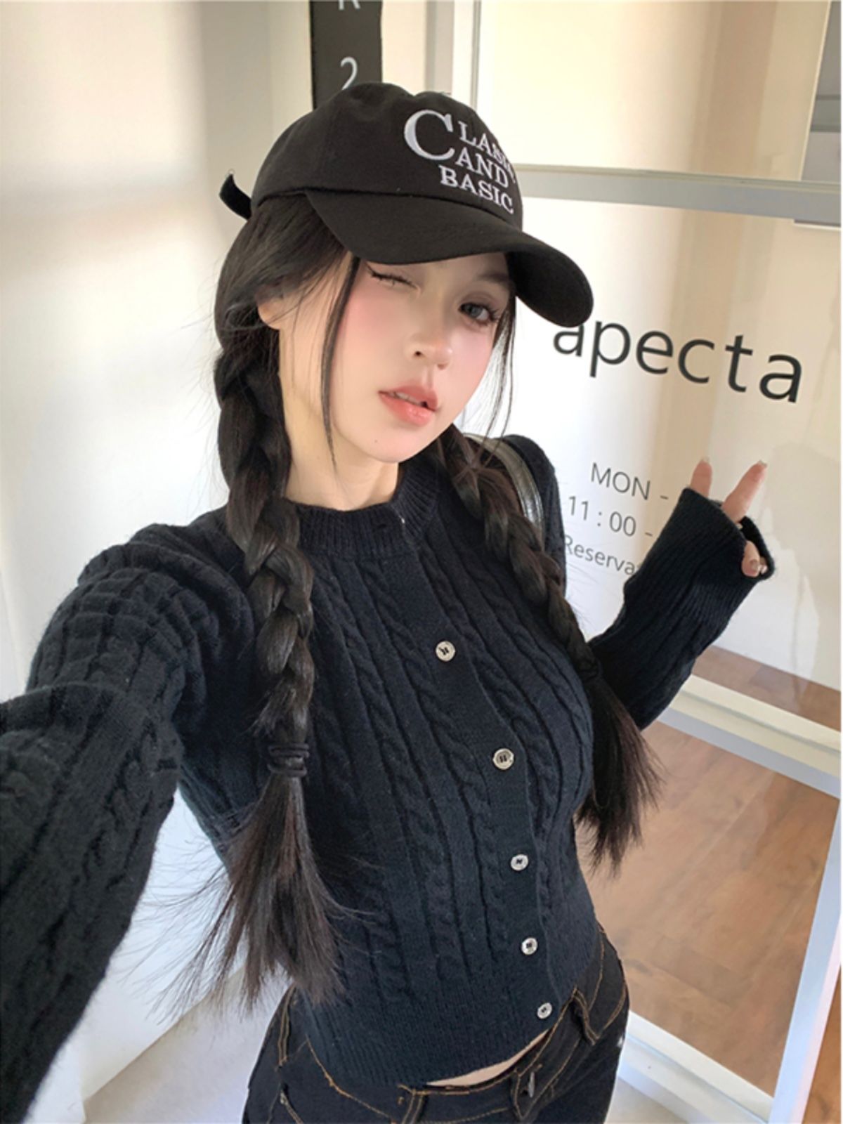 💕簡約休閒黑色短款麻花針織長袖上衣