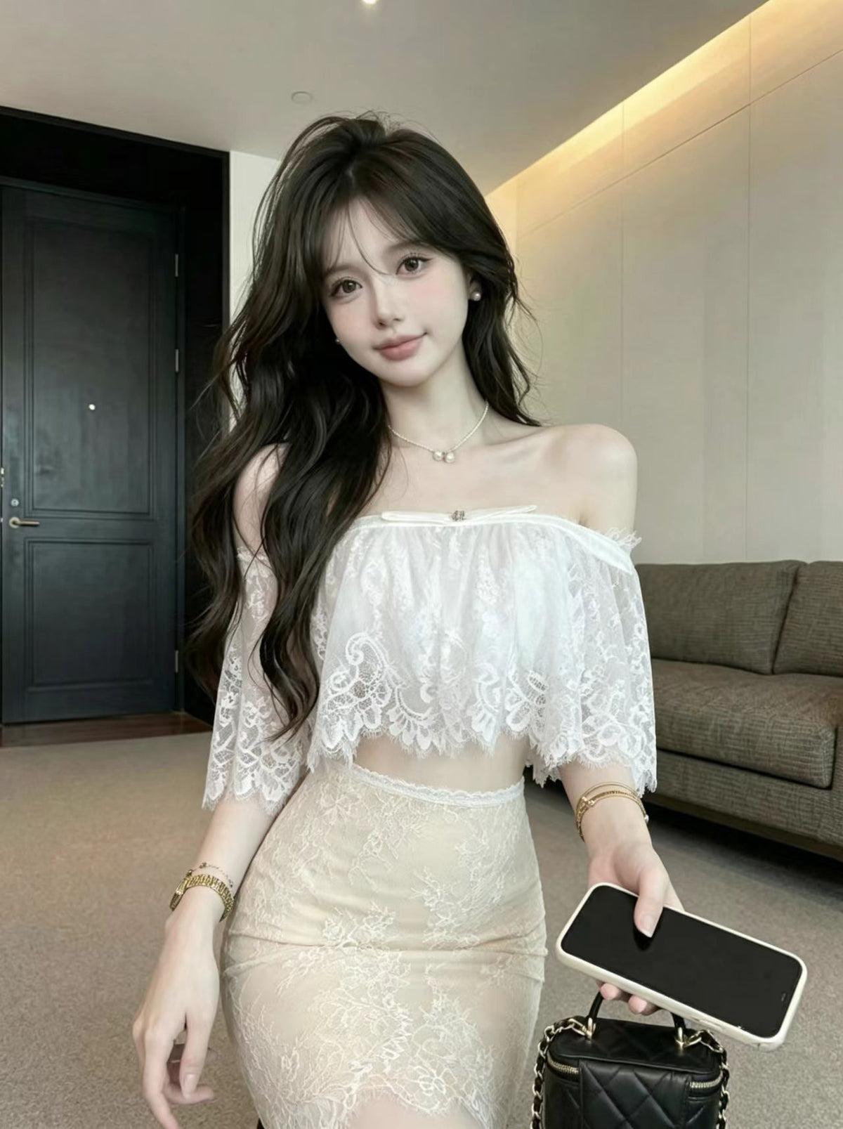 💕絕美白色蕾絲抹胸上衣配高腰包臀短裙套裝