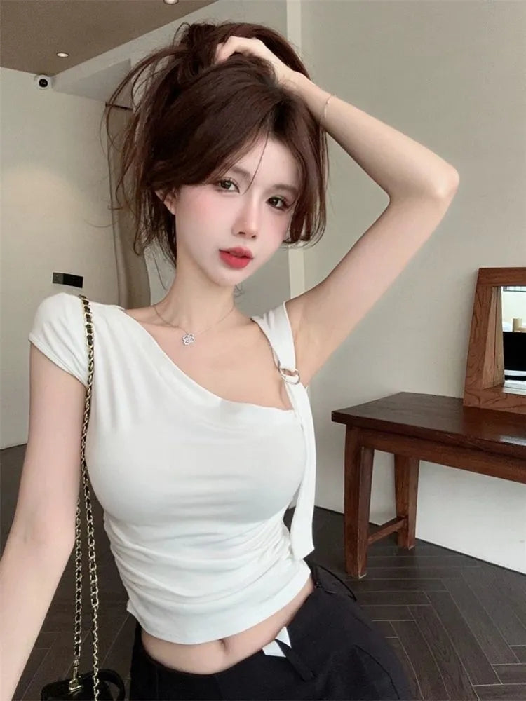 💕不規則斜領露肩露臍短袖上衣