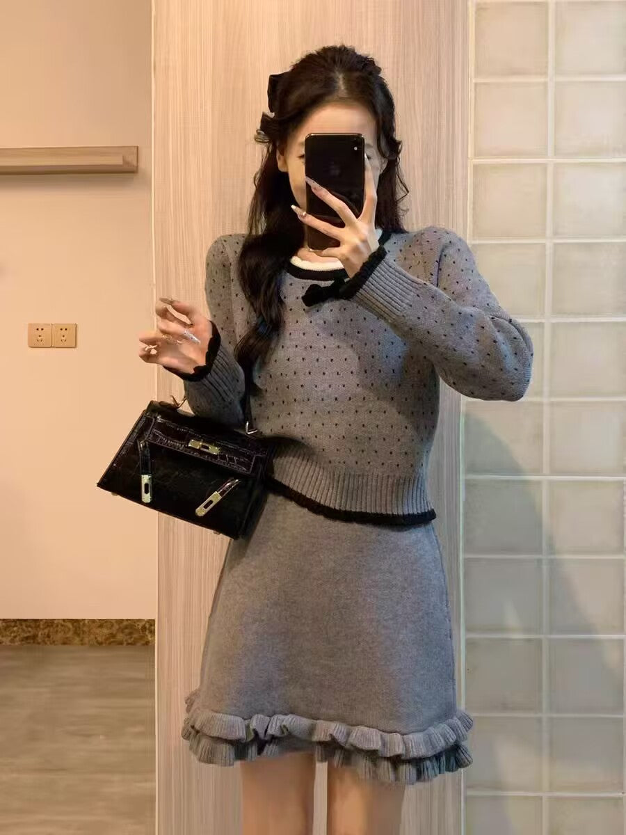 💕溫柔波點花邊蝴蝶結慵懶長袖毛衣套裝