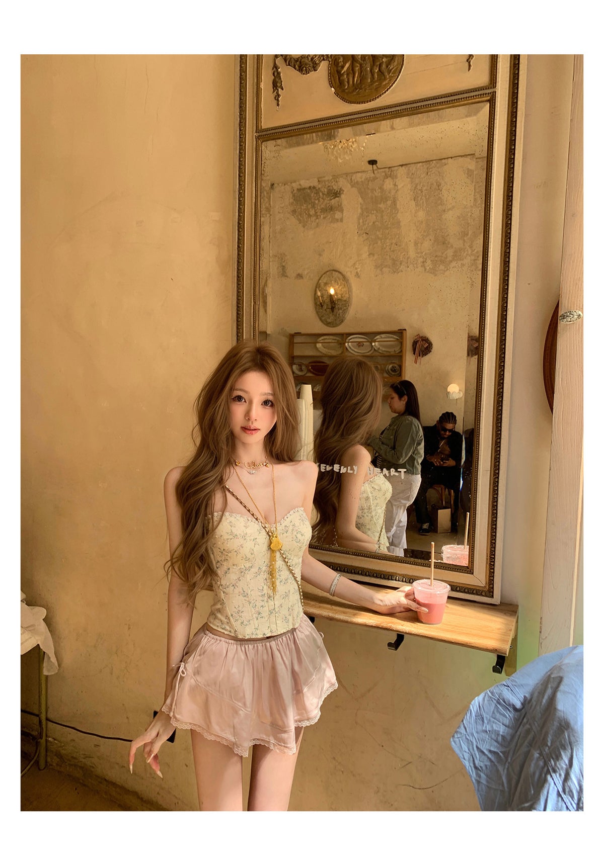 💕清新碎花蕾絲抹胸緞面半裙套裝