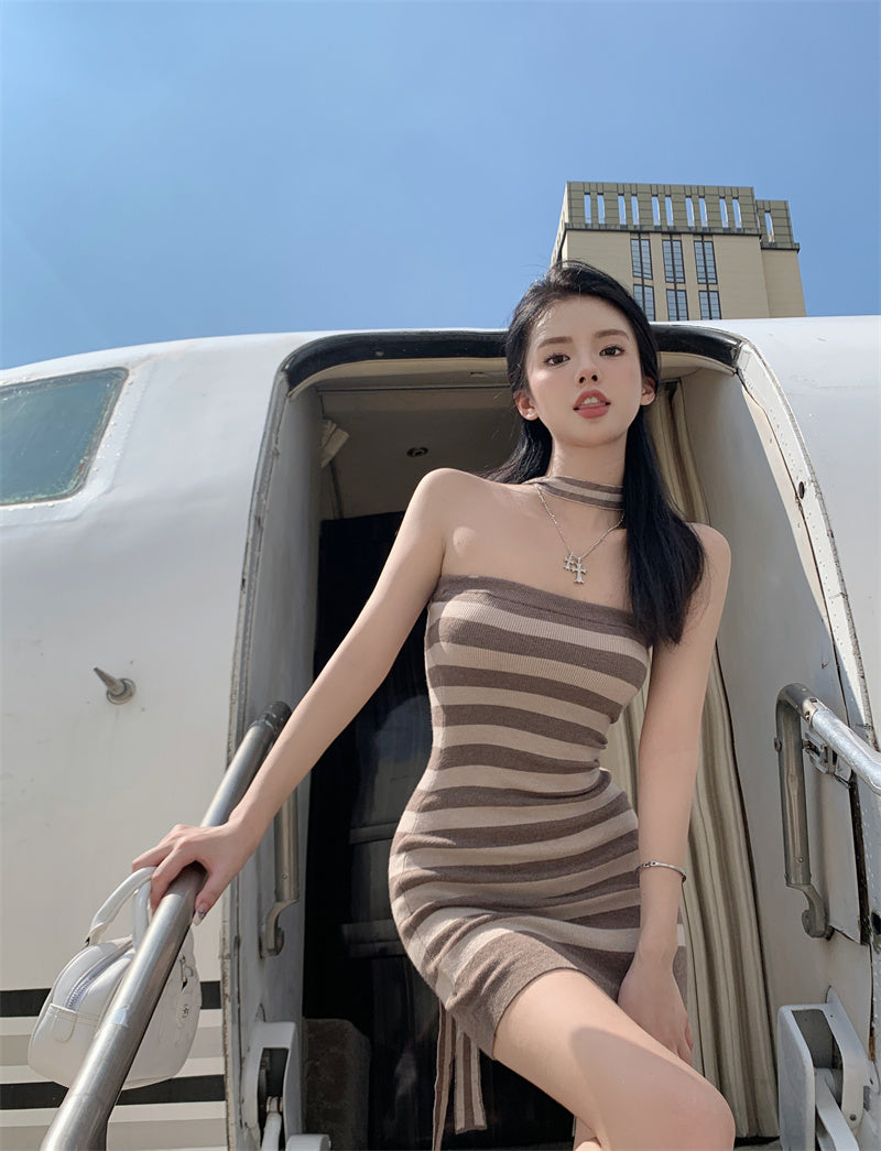 💕休閒條紋撞色親膚薄款針織抹胸連衣裙