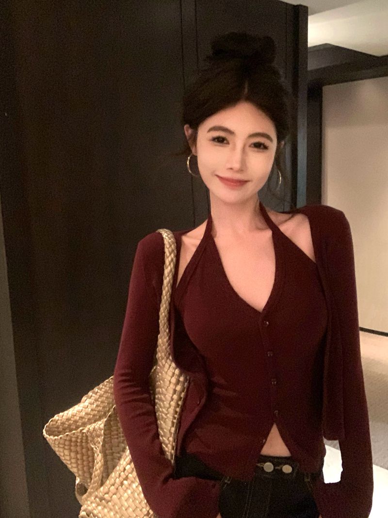💕秋冬性感吊帶掛脖顯瘦假兩件打底上衣