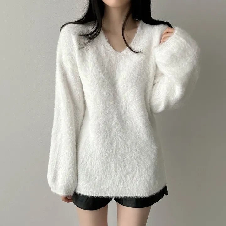 💕秋冬新款毛茸茸V領百搭毛衣上衣