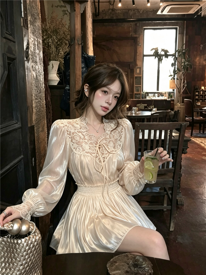 💕香榭琉光珠光緞面溫柔蕾絲拼接兩件套