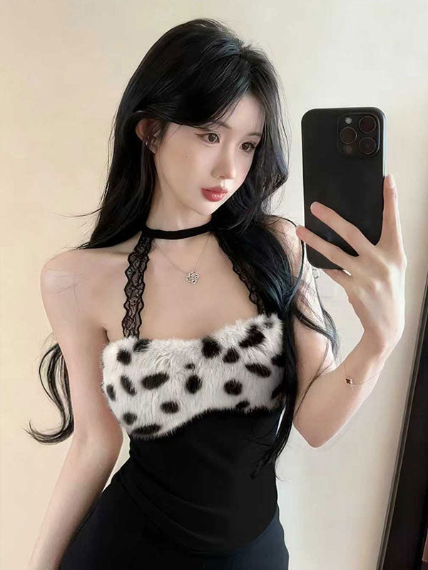 💕蕾絲掛脖拼接毛絨絨短款背心