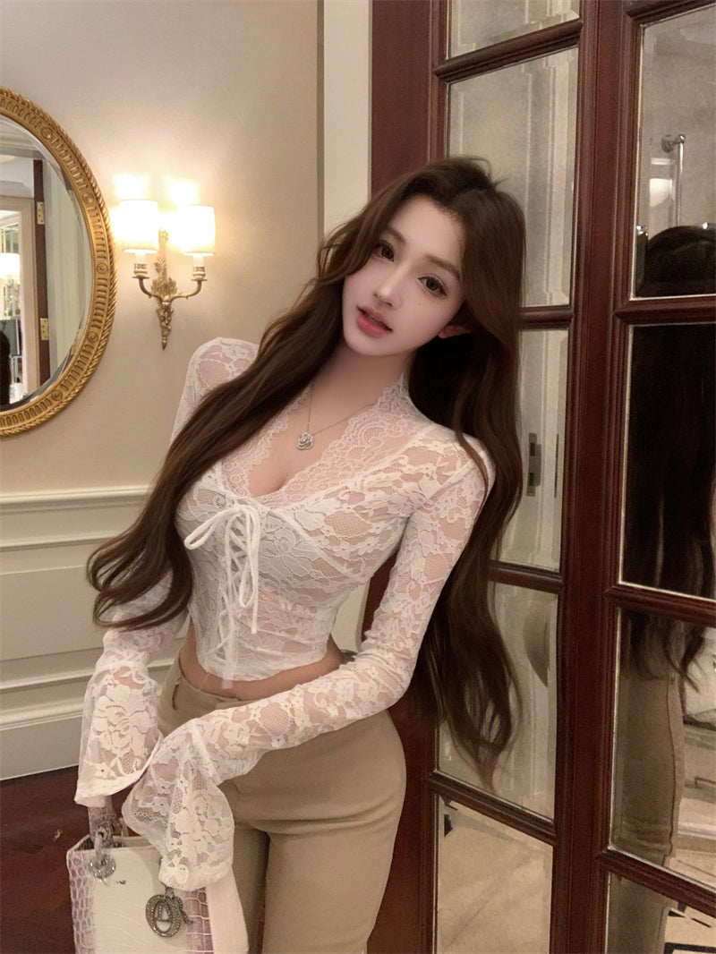 💕百搭黑色鏤空純欲V領蕾絲衫
