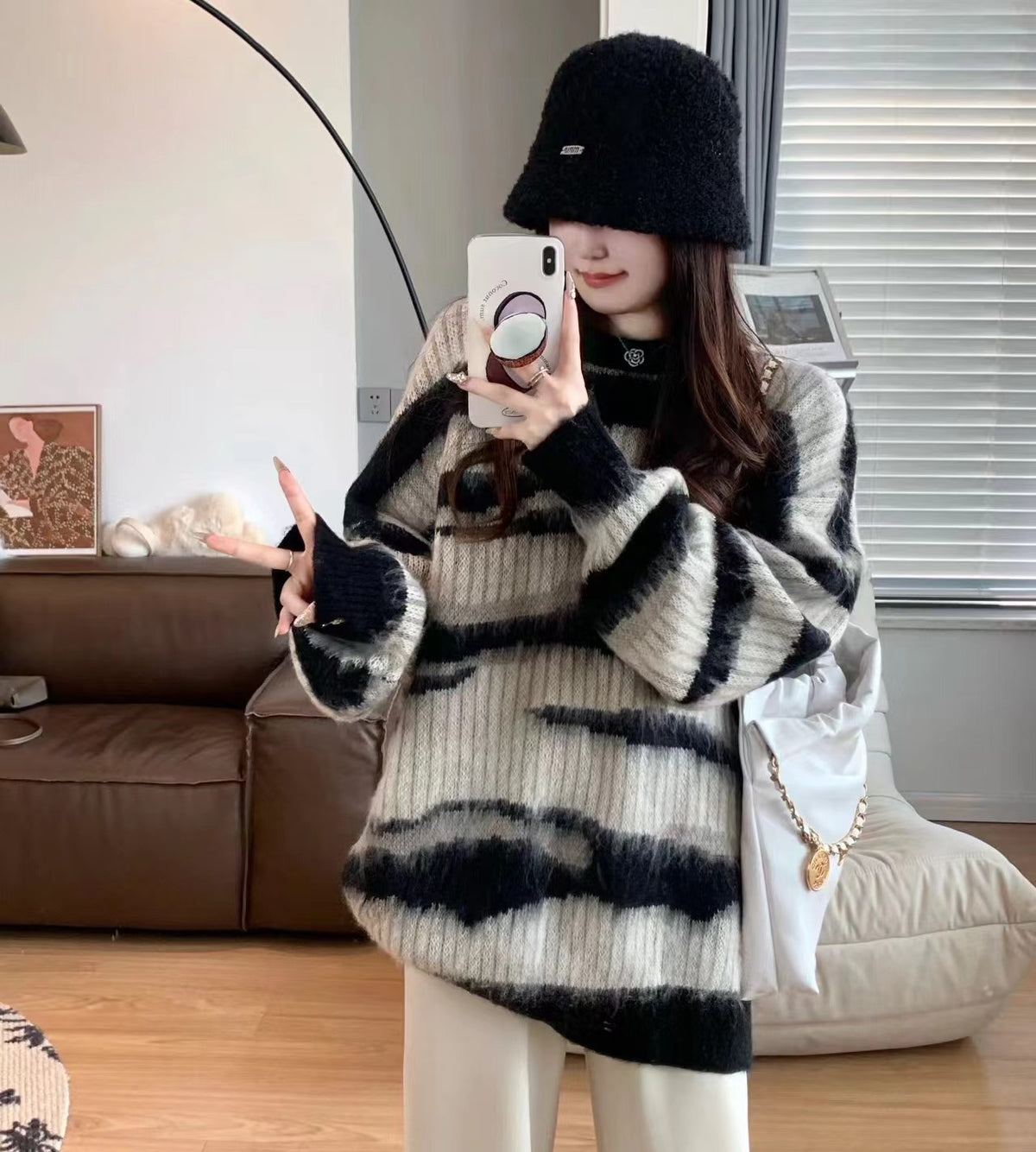 💕韓系ins秋冬撞色條紋慵懶中長毛衣針織衫
