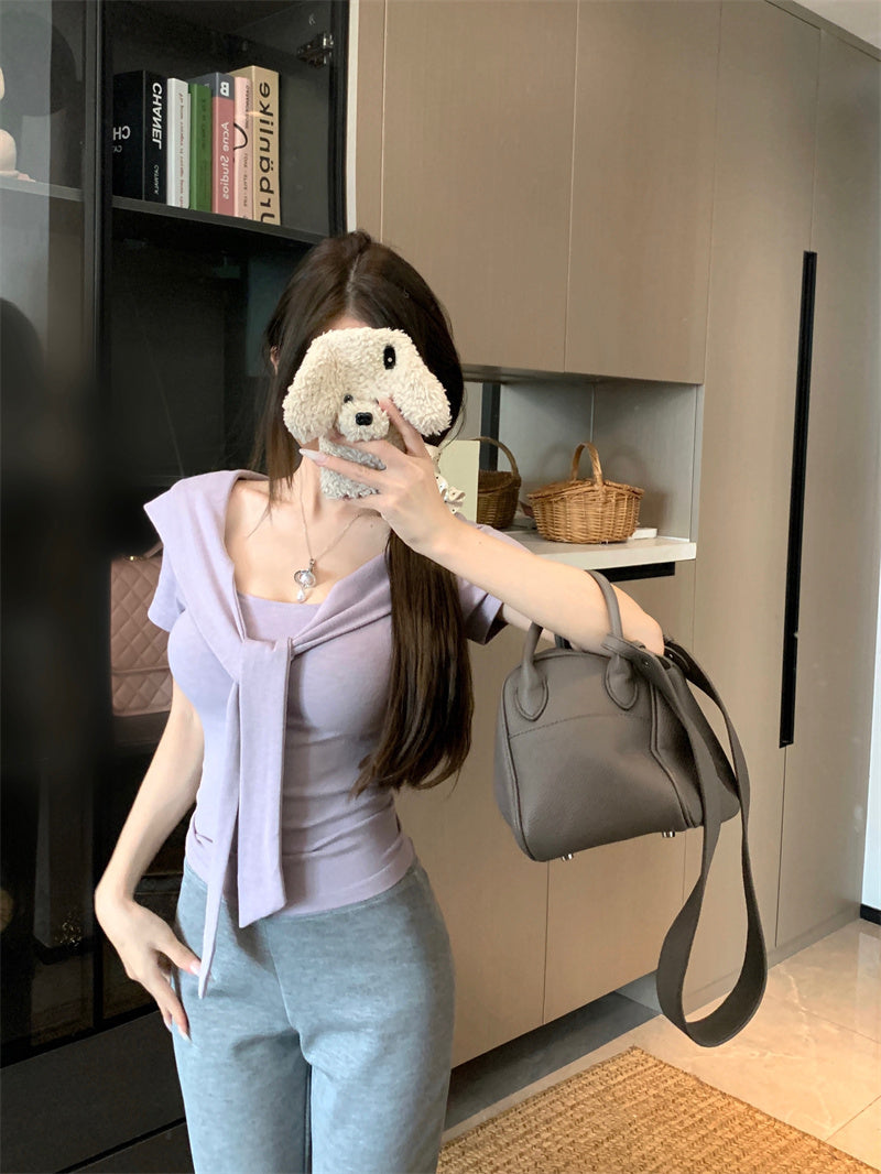 💕夏季綁帶方領短袖通勤百搭套裝