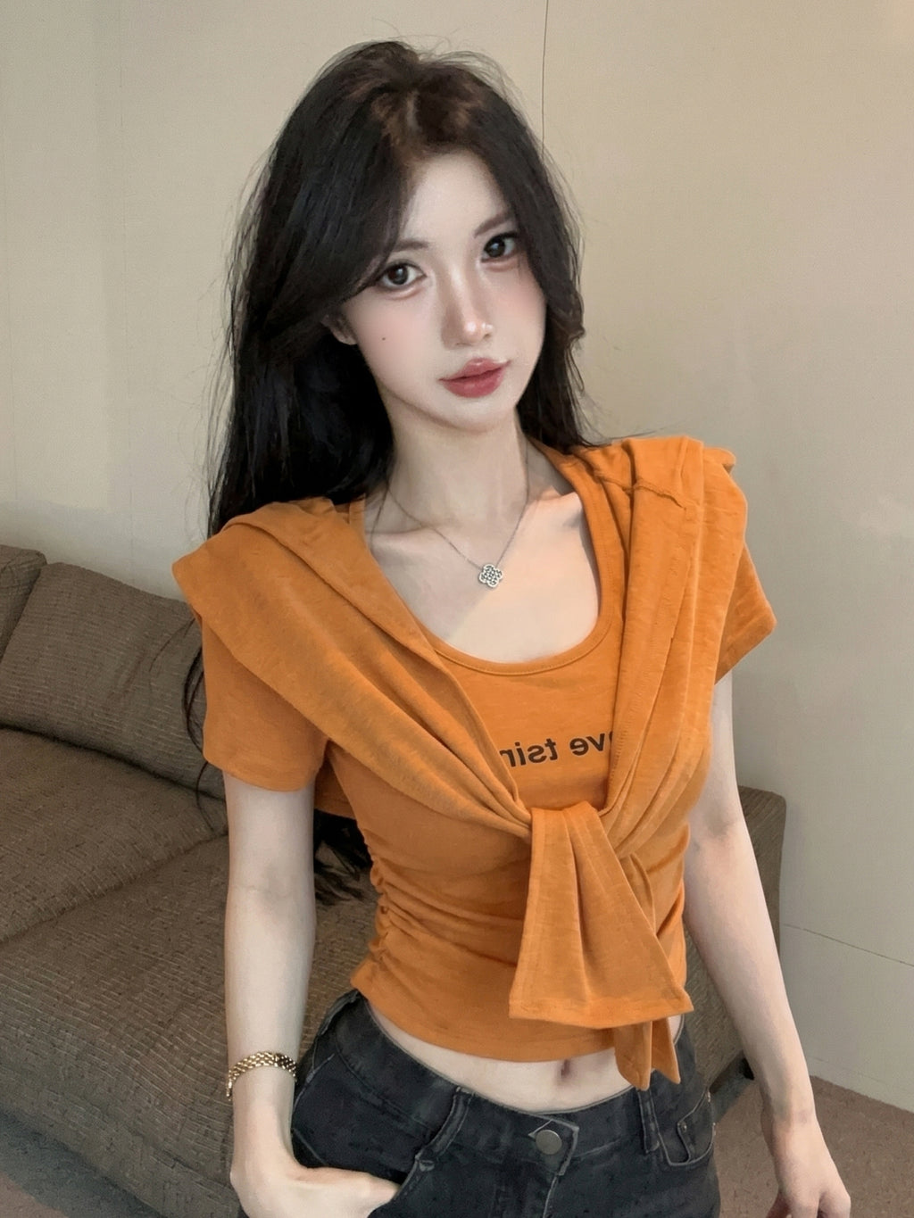 💕夏季時尚百搭圓領連帽披肩兩件套