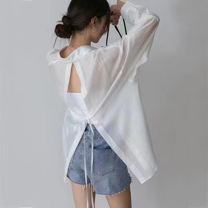 💕夏季天絲小眾薄款開衩防曬襯衫