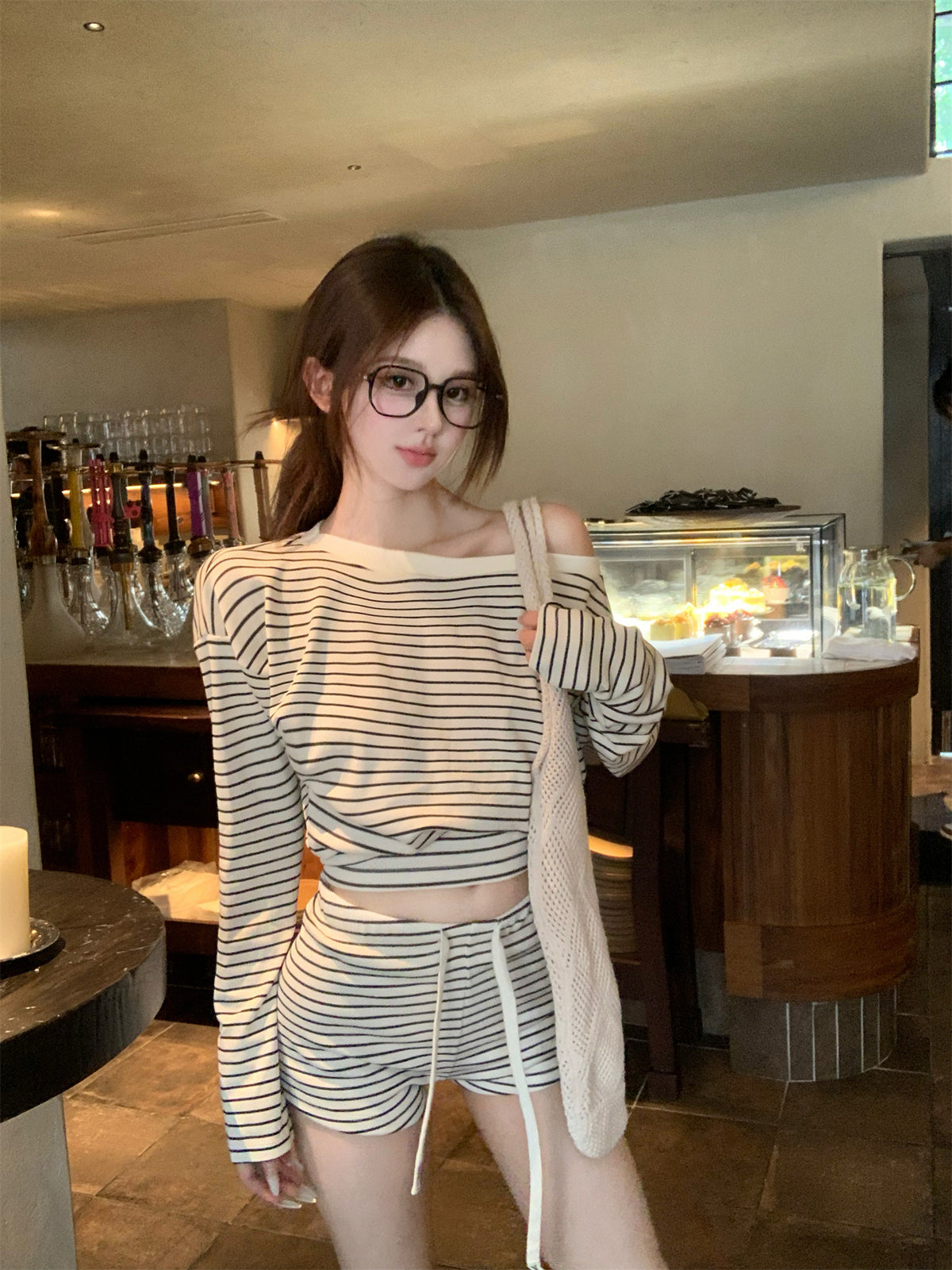 💕秋季斜肩收腰黑白條紋慵懶套裝