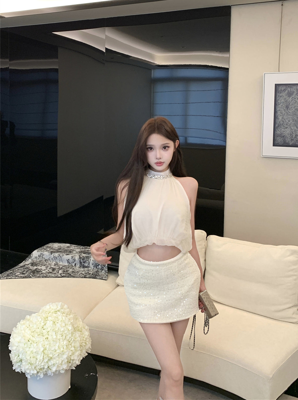 💕夏季高級氣質感掛脖花苞上衣珠片半身裙兩件套