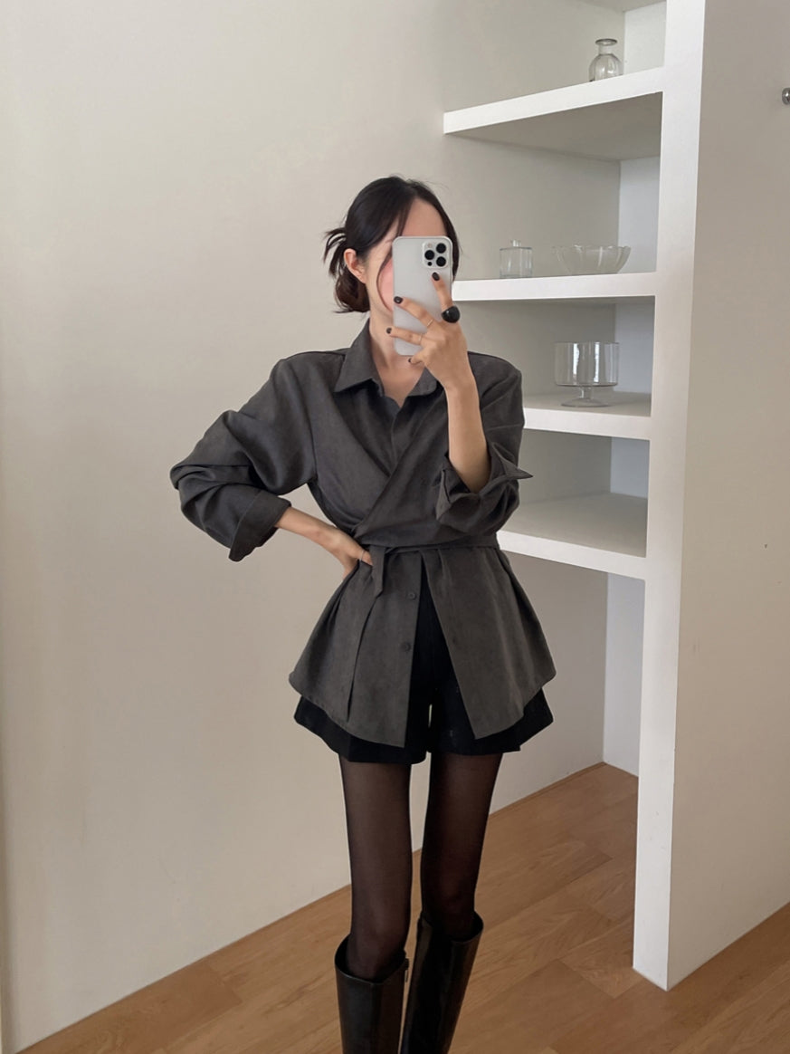 💕韓系秋冬交叉綁帶假兩件百搭襯衫上衣